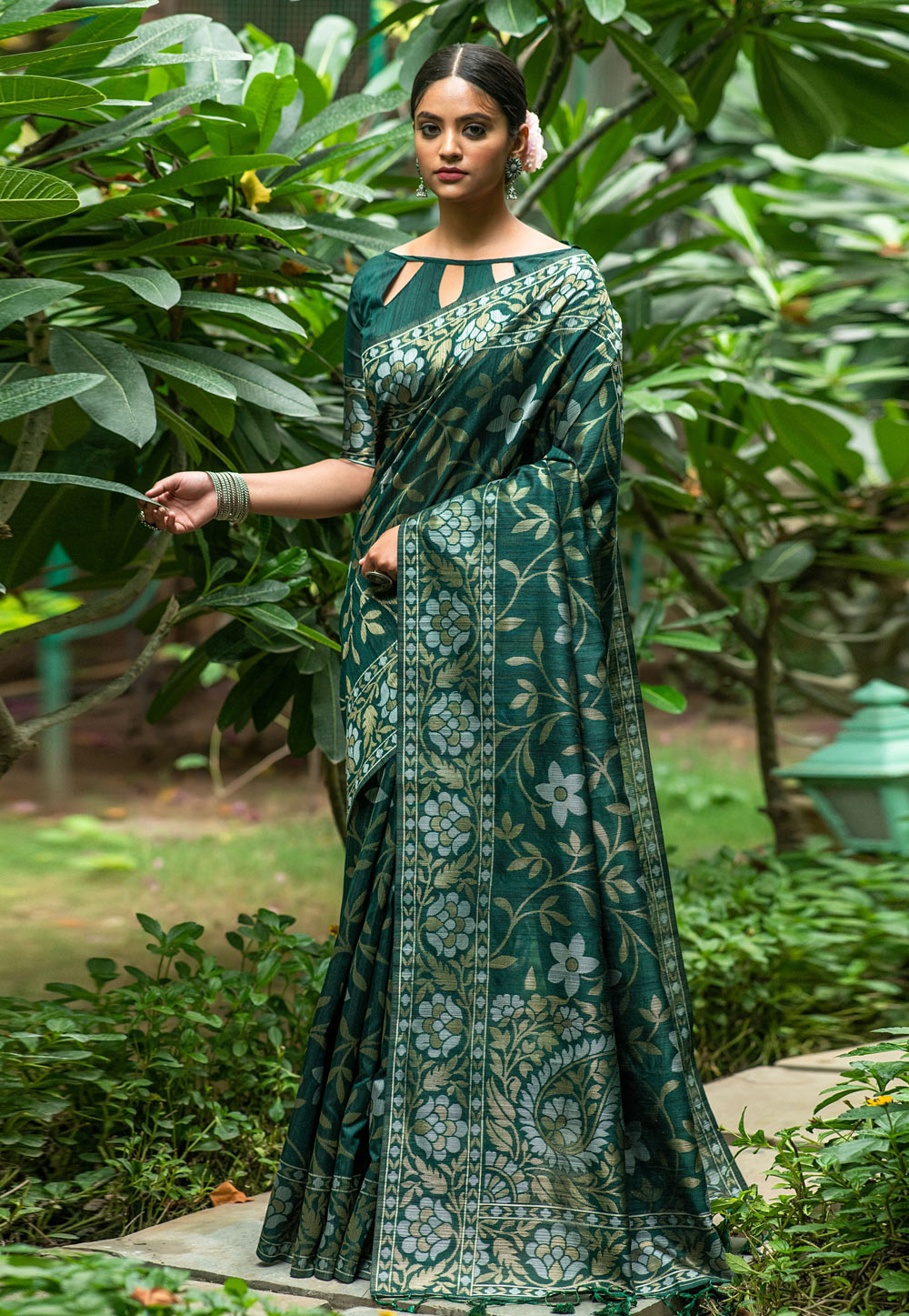 Green Tussar Silk Printed Saree 245859