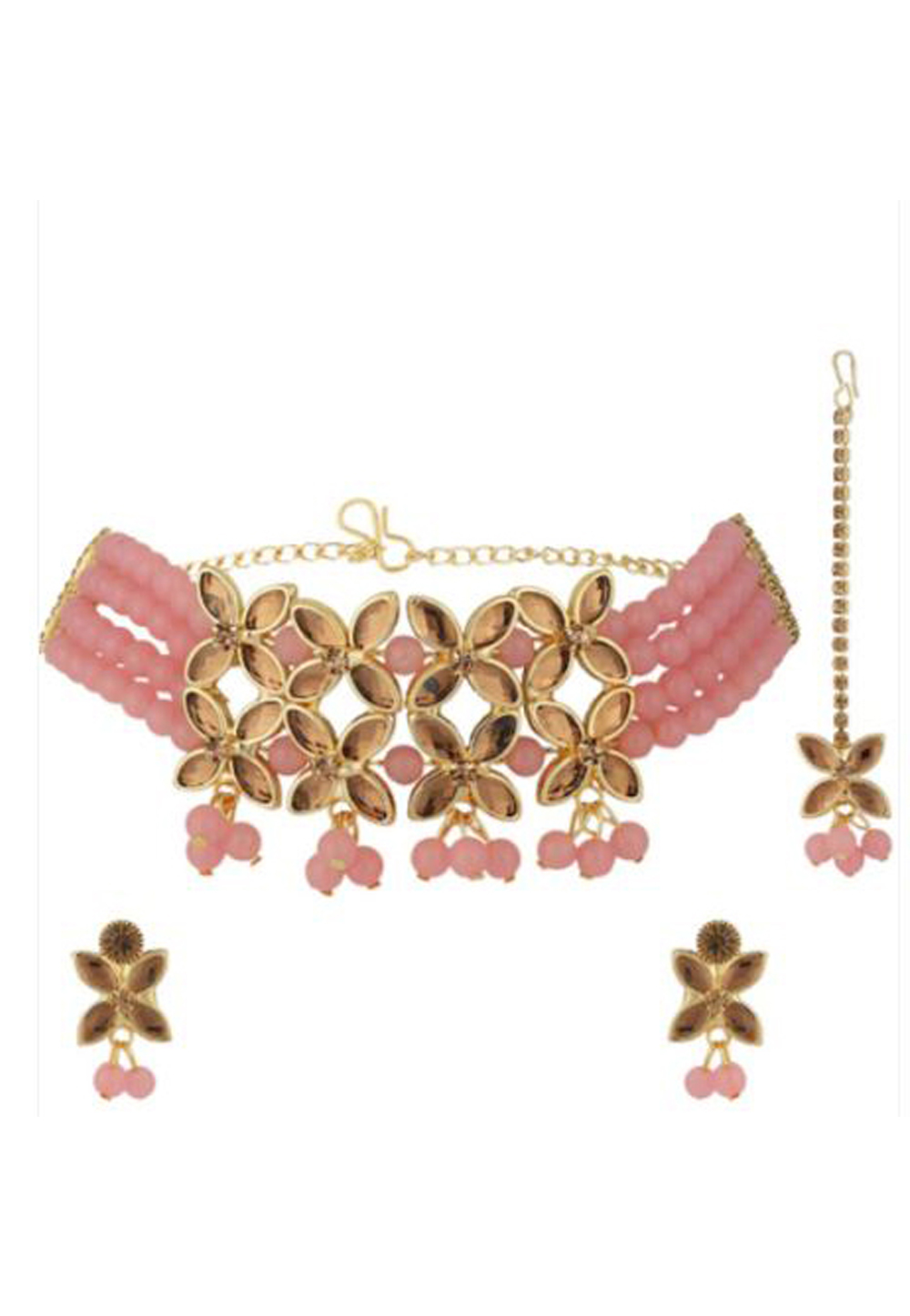 Pink Alloy Austrian Diamond Necklace Set With Earrings and Maang Tikka 232362