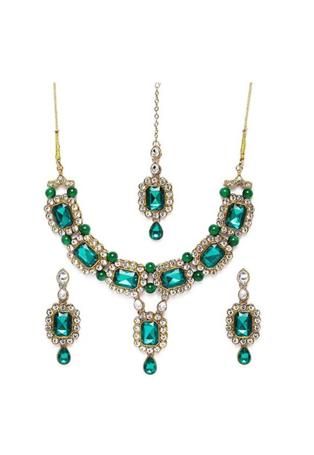 Green Alloy Austrian Diamond Necklace Set With Earrings and Maang Tikka 232365