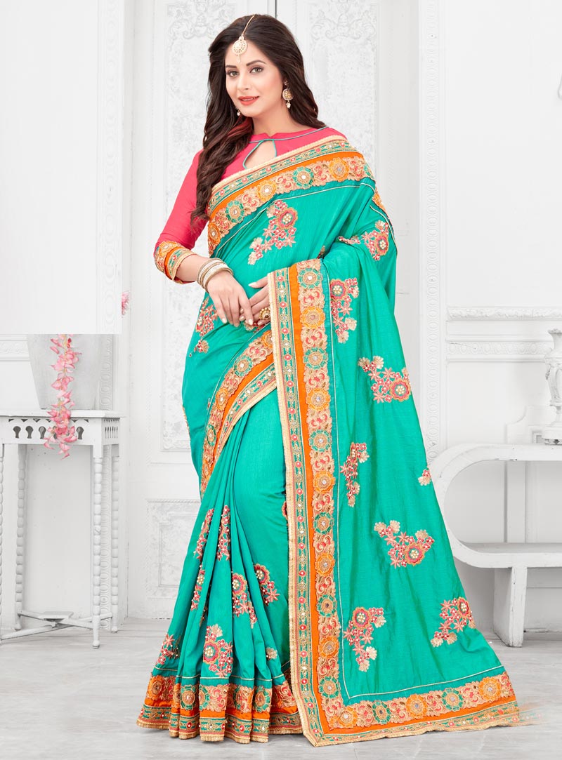 Turquoise Raw Silk Wedding Saree 88845