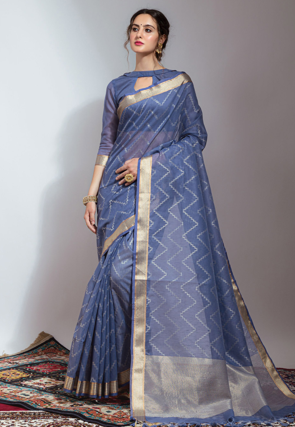 Blue Linen Saree With Blouse 246467
