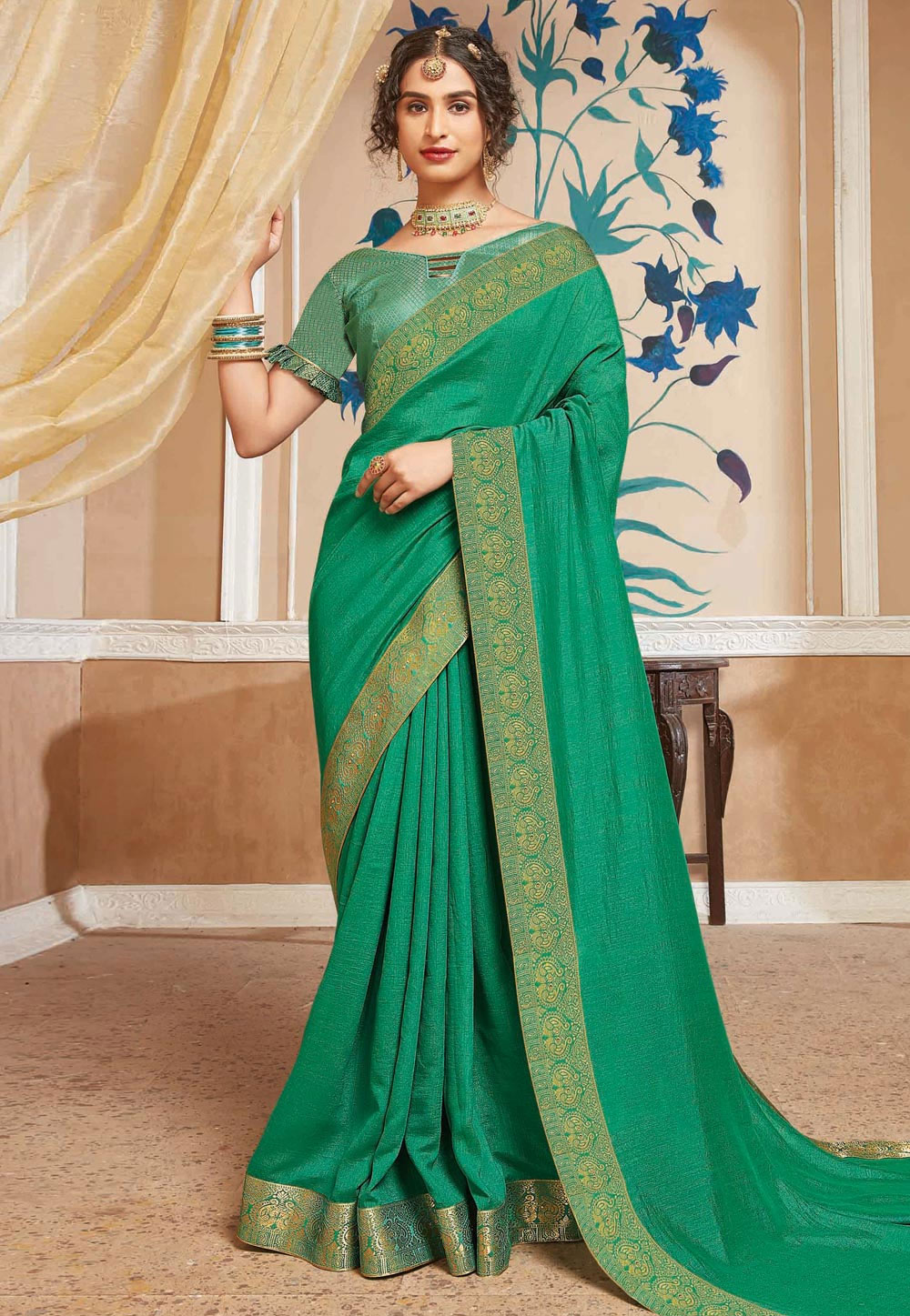 Green Silk Saree With Blouse 214655