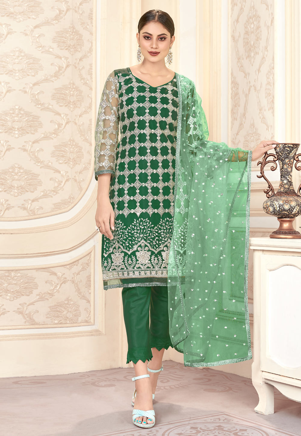 Green Net Kameez With Pant 214786