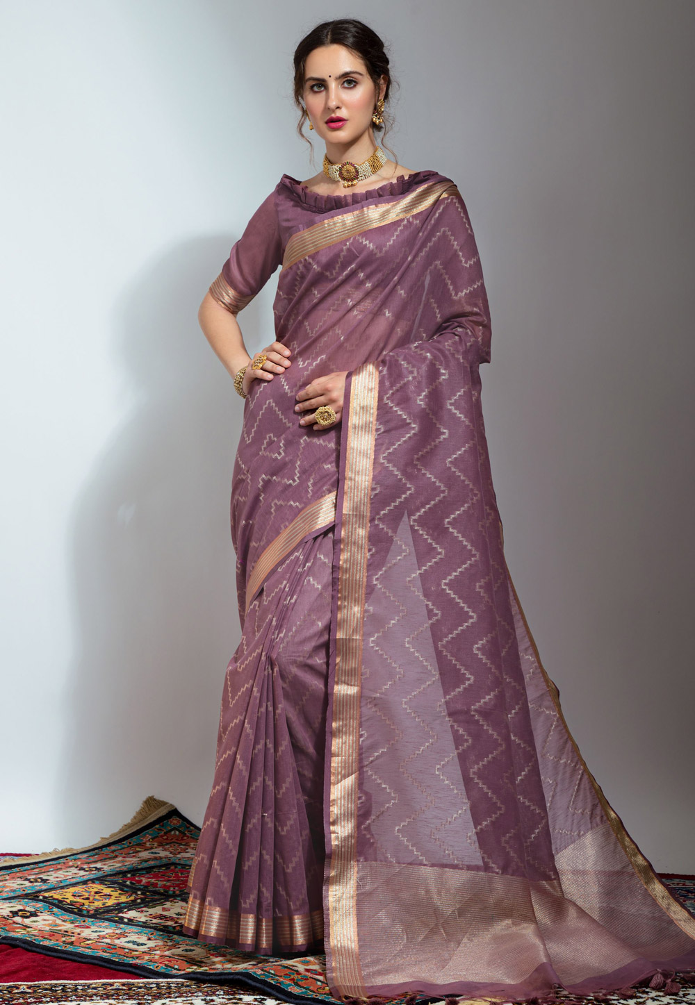 Light Purple Linen Saree With Blouse 246473
