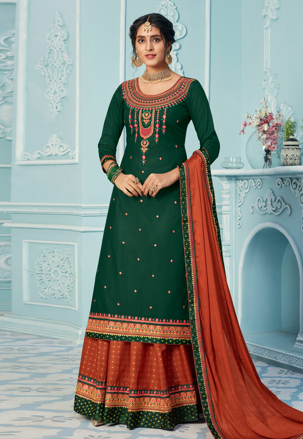 Green Silk Indo Western Lehenga Choli 214779