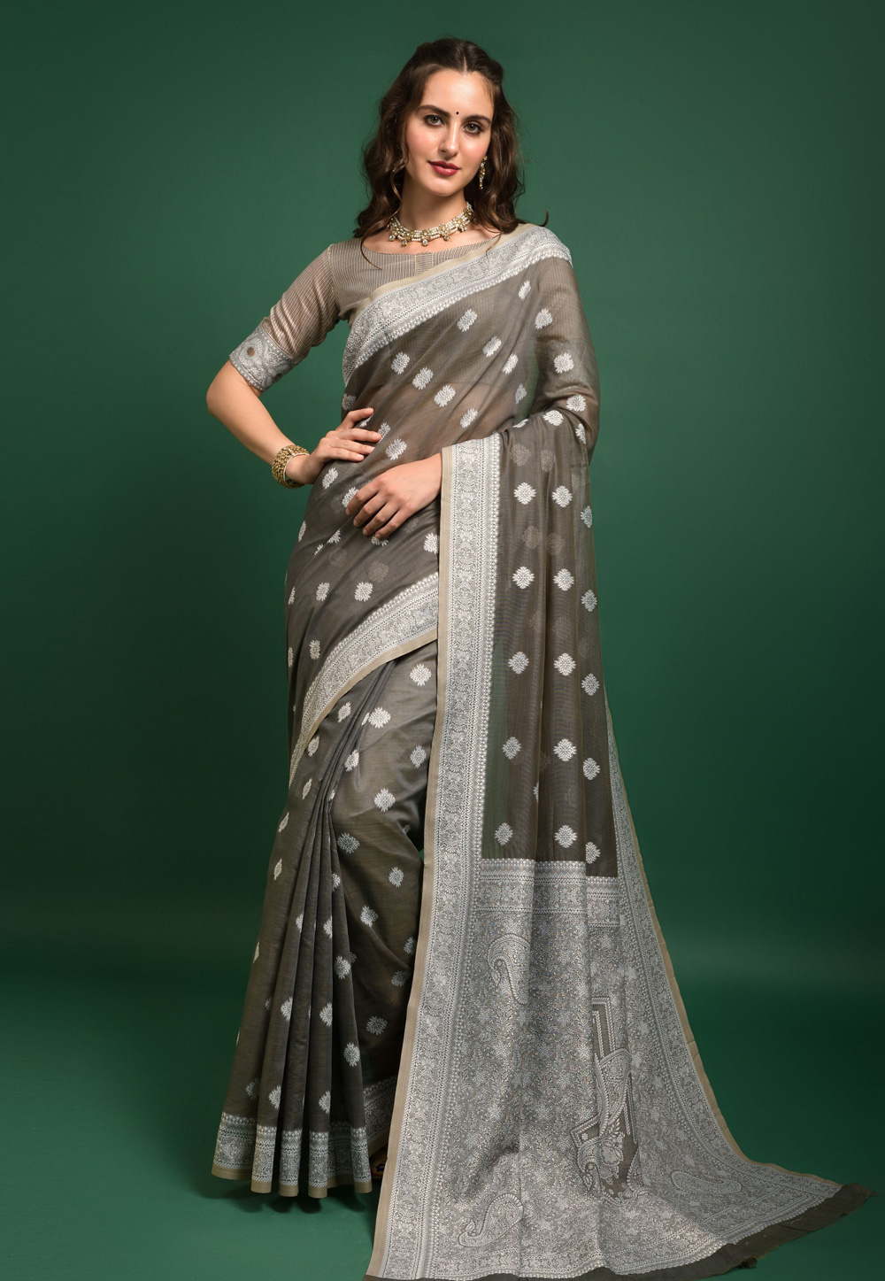 Grey Banarasi Silk Saree With Blouse 247553