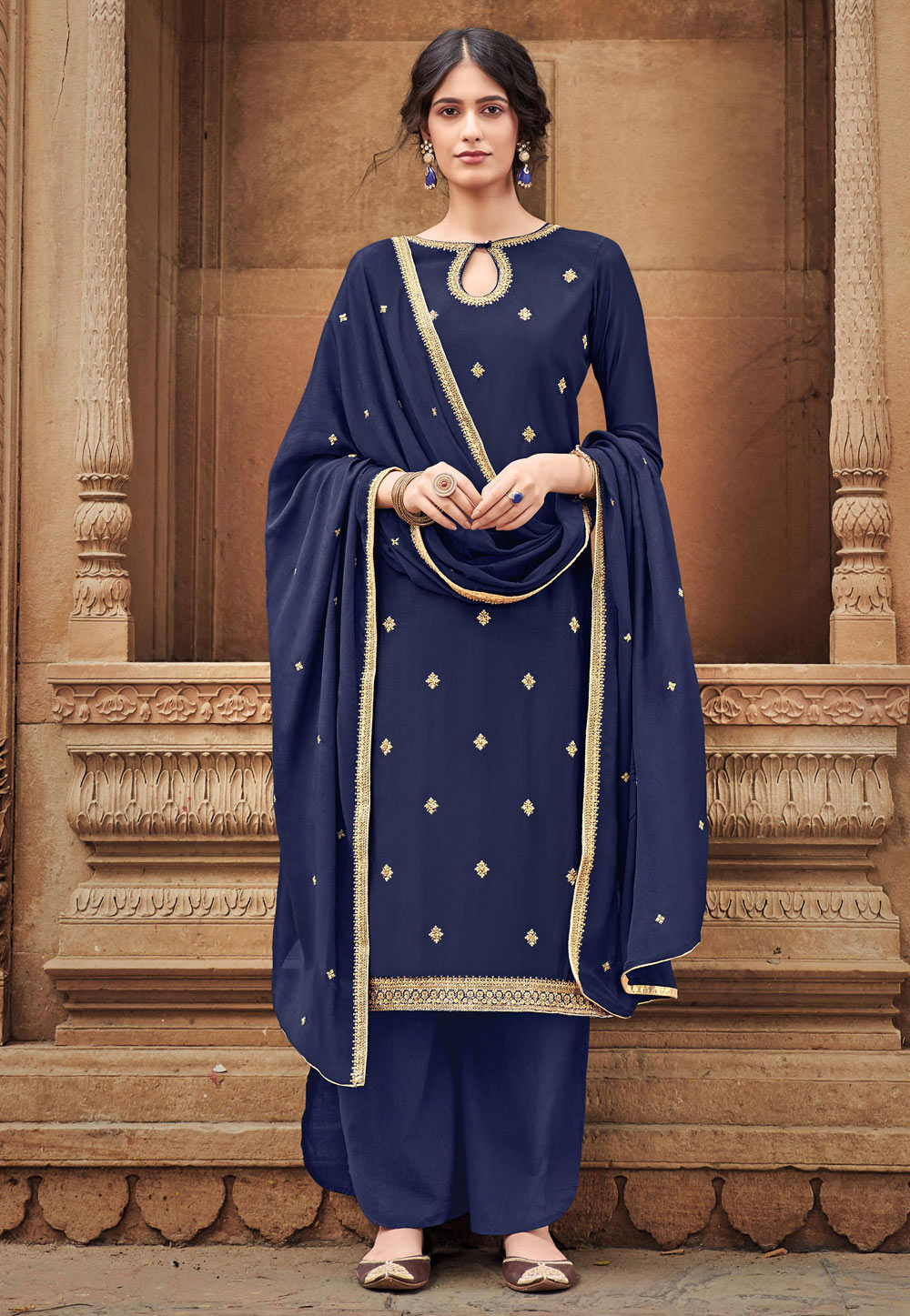 Navy Blue Cotton Silk Kameez With Palazzo 215934