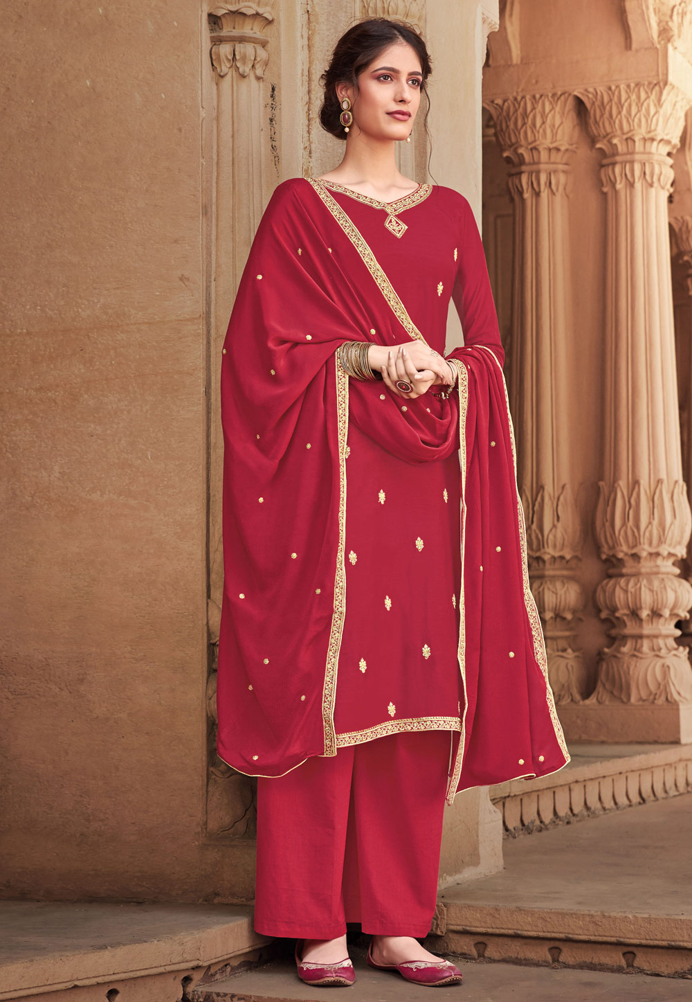 Red Cotton Silk Palazzo Suit 215937