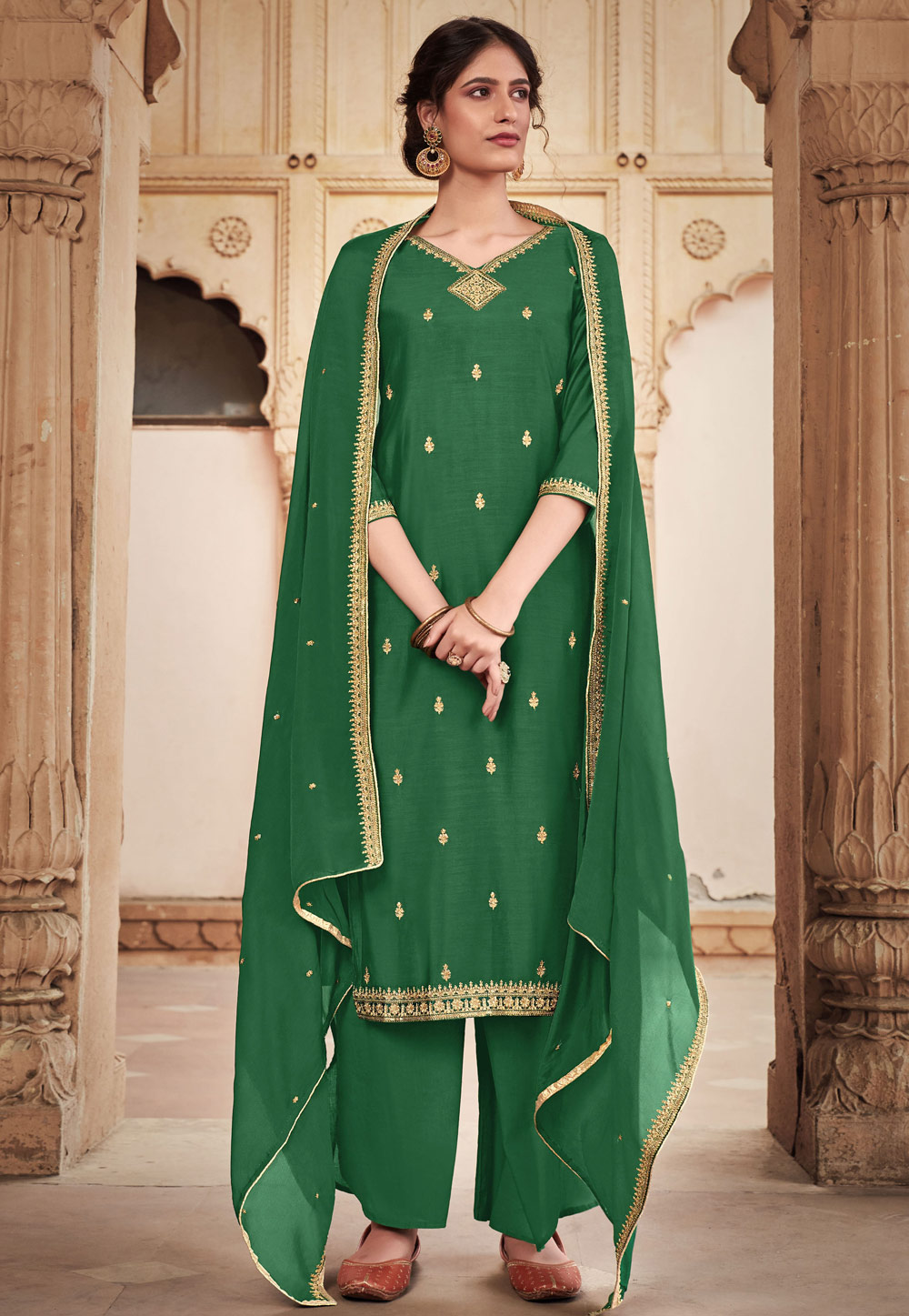 Green Cotton Silk Kameez With Palazzo 215940