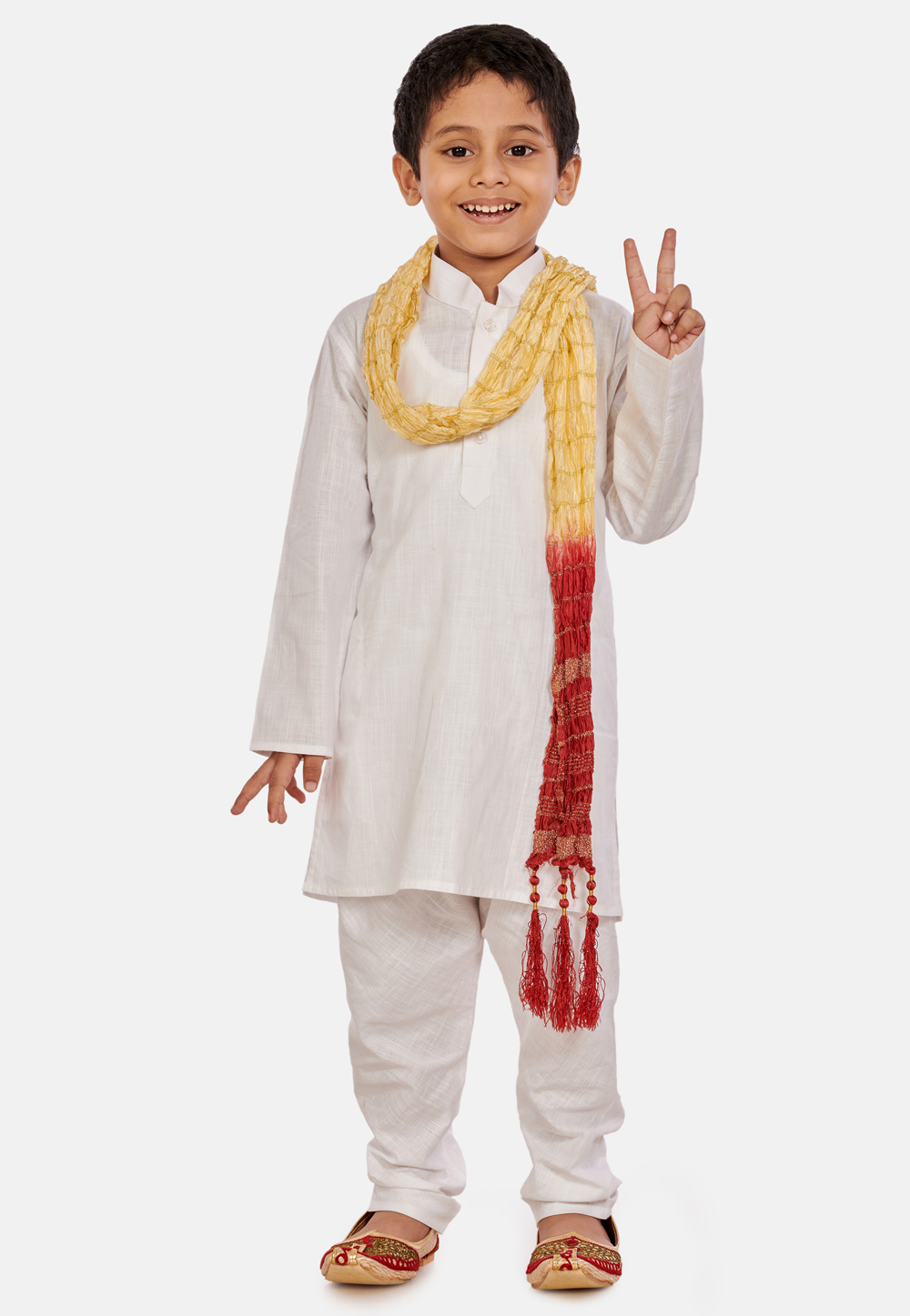 White Cotton Kids Kurta Pajama With Dupatta 215870