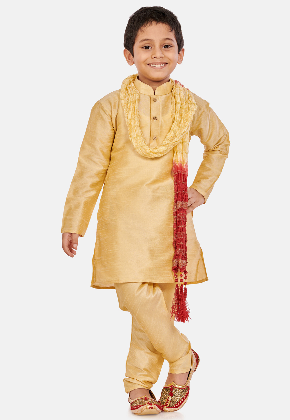 Golden Cotton Silk Kids Kurta Pajama With Dupatta 215872