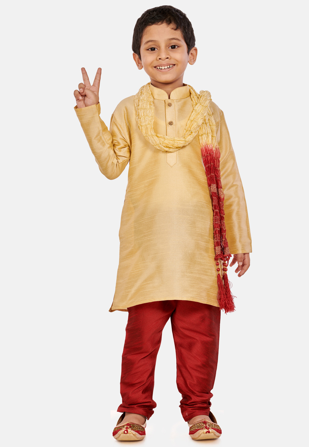 Golden Cotton Silk Kids Kurta Pajama With Dupatta 215874