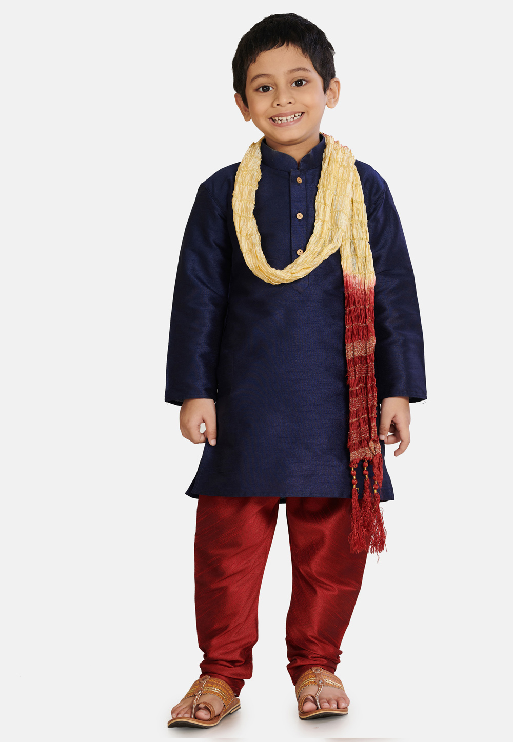 Navy Blue Cotton Silk Kids Kurta Pajama With Dupatta 215888