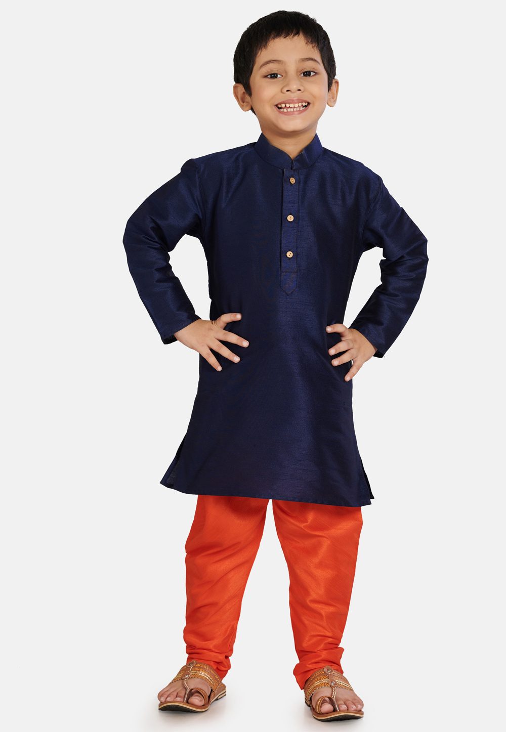 Navy Blue Cotton Silk Kids Kurta Pajama 215889