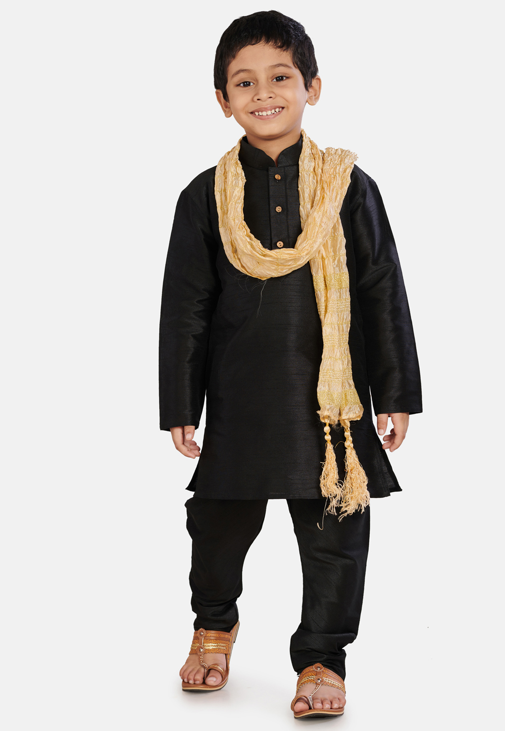 Black Cotton Silk Kids Kurta Pajama With Dupatta 215894