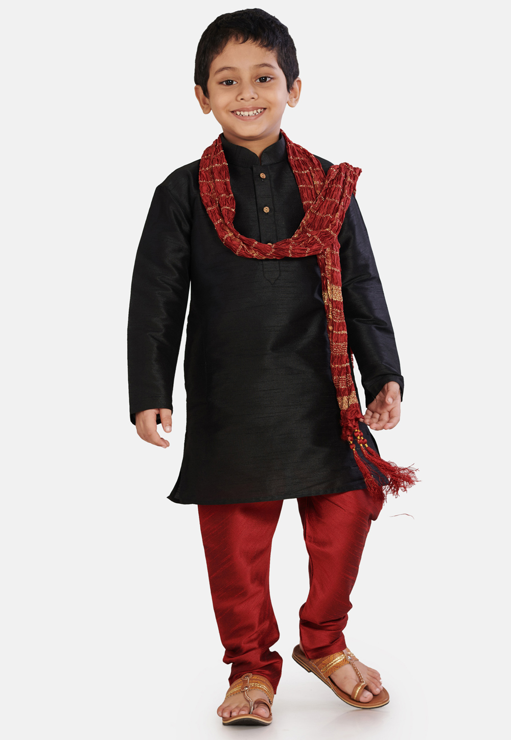 Black Cotton Silk Kids Kurta Pajama With Dupatta 215897