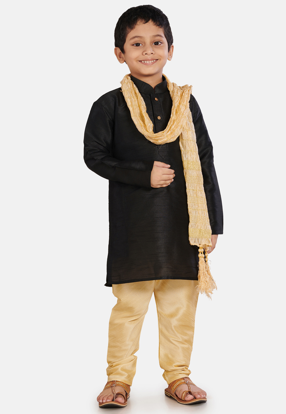 Black Cotton Silk Kids Kurta Pajama With Dupatta 215899