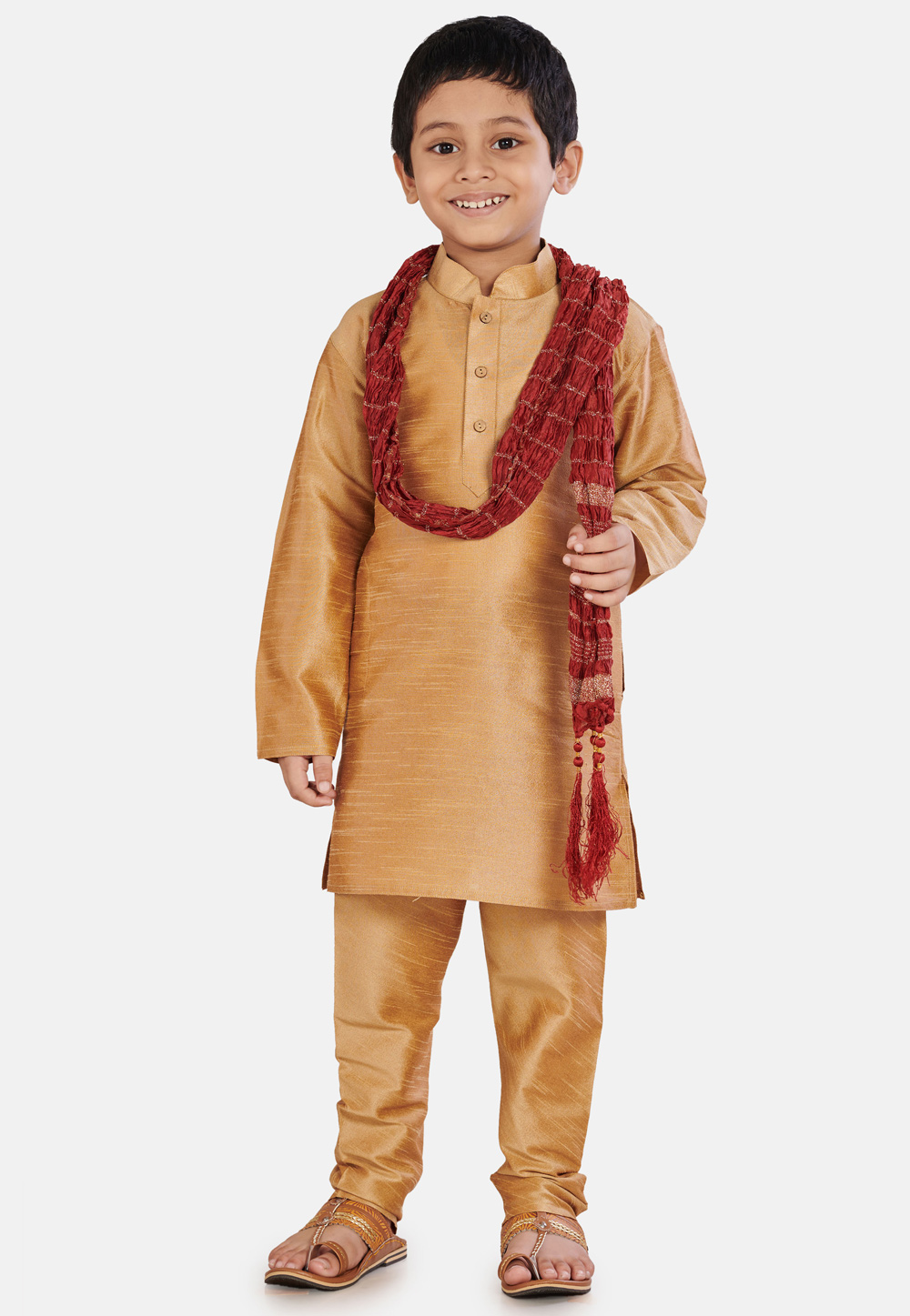 Golden Cotton Silk Kids Kurta Pajama With Dupatta 215902
