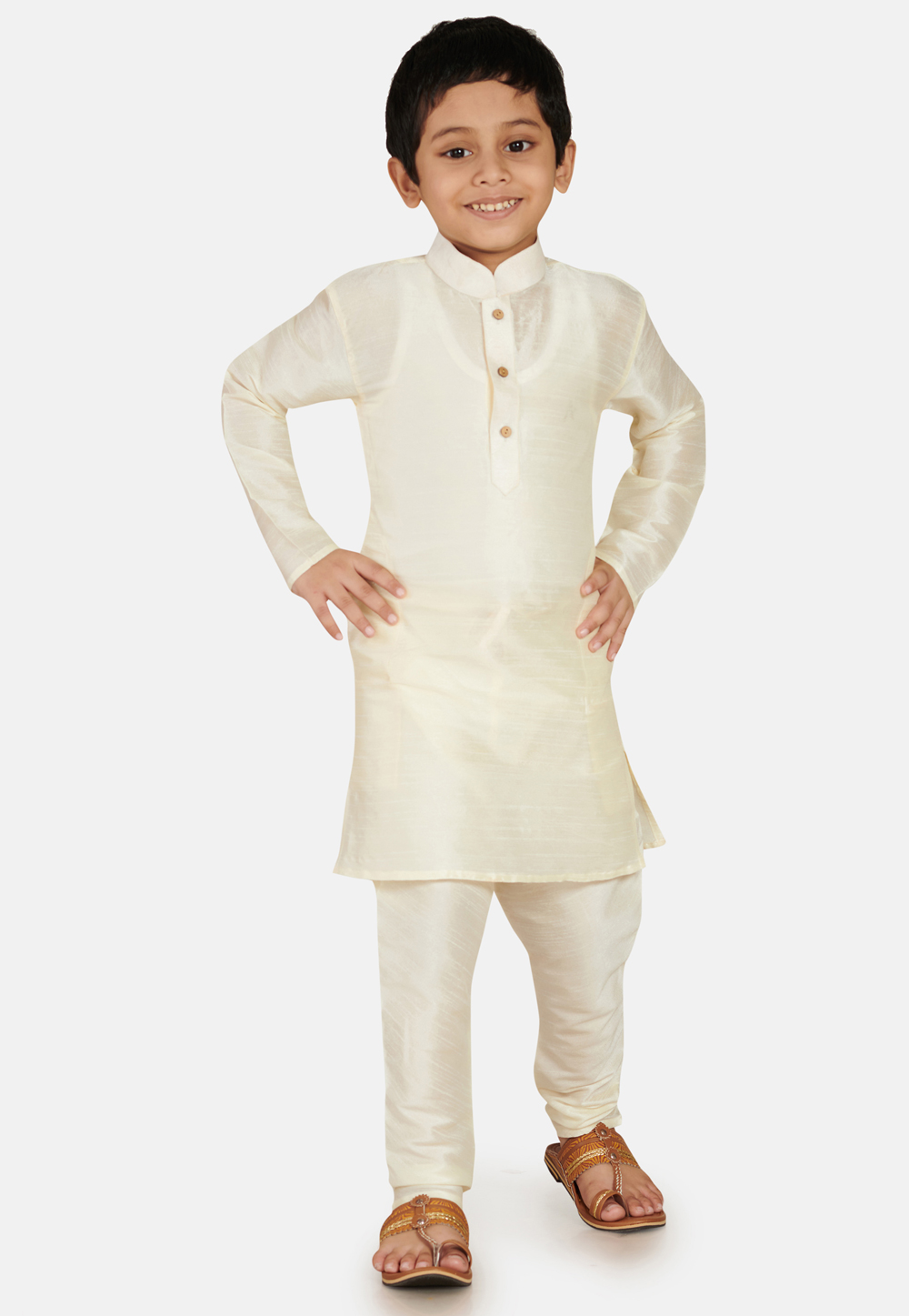 White Cotton Silk Kids Kurta Pajama 215906