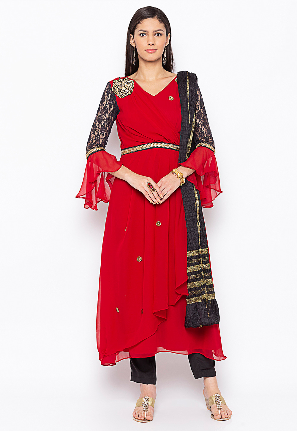 Red Georgette Readymade Kameez With Pant 215910