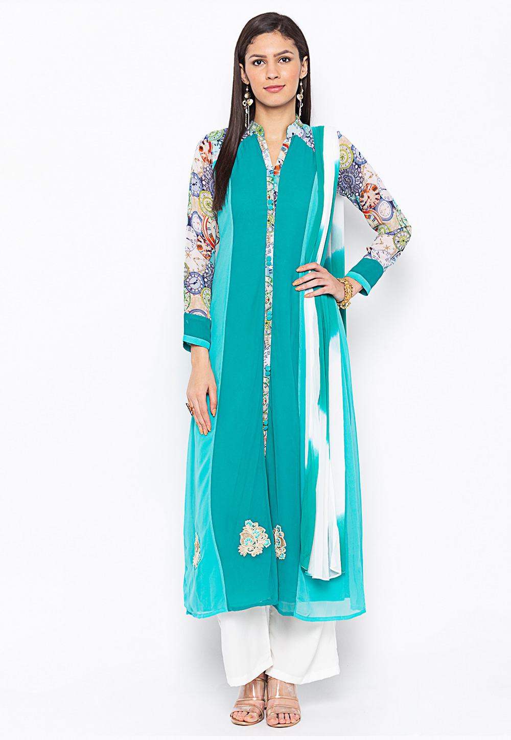 Turquoise Georgette Readymade Palazzo Suit 215919