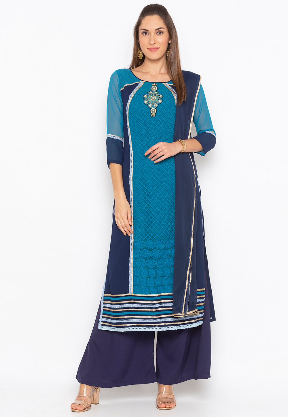 Blue Georgette Readymade Palazzo Suit 215922