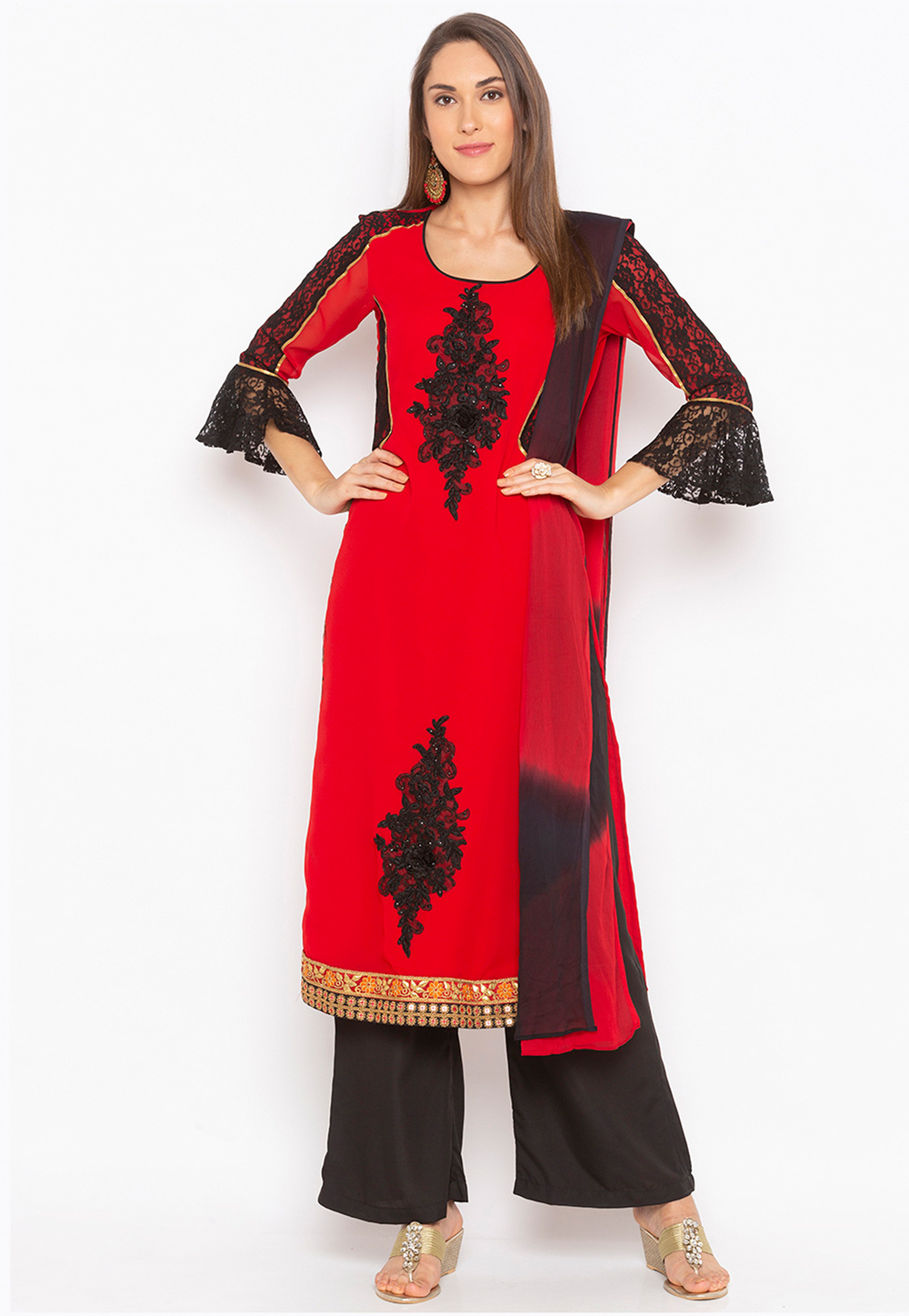 Red Georgette Readymade Palazzo Suit 215923