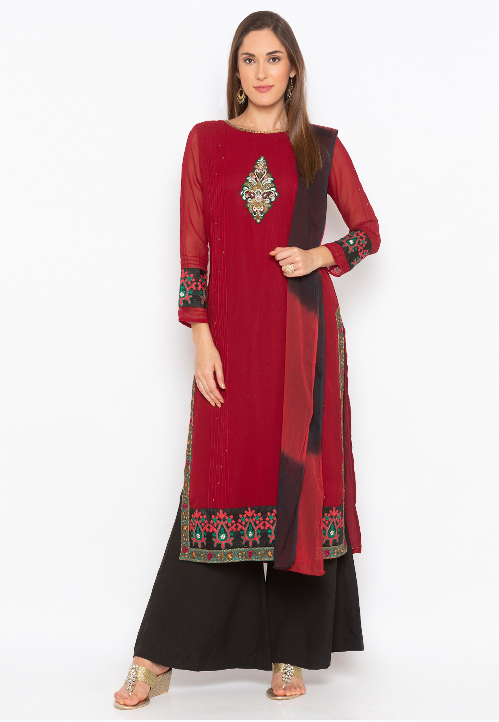 Maroon Georgette Readymade Palazzo Suit 215925