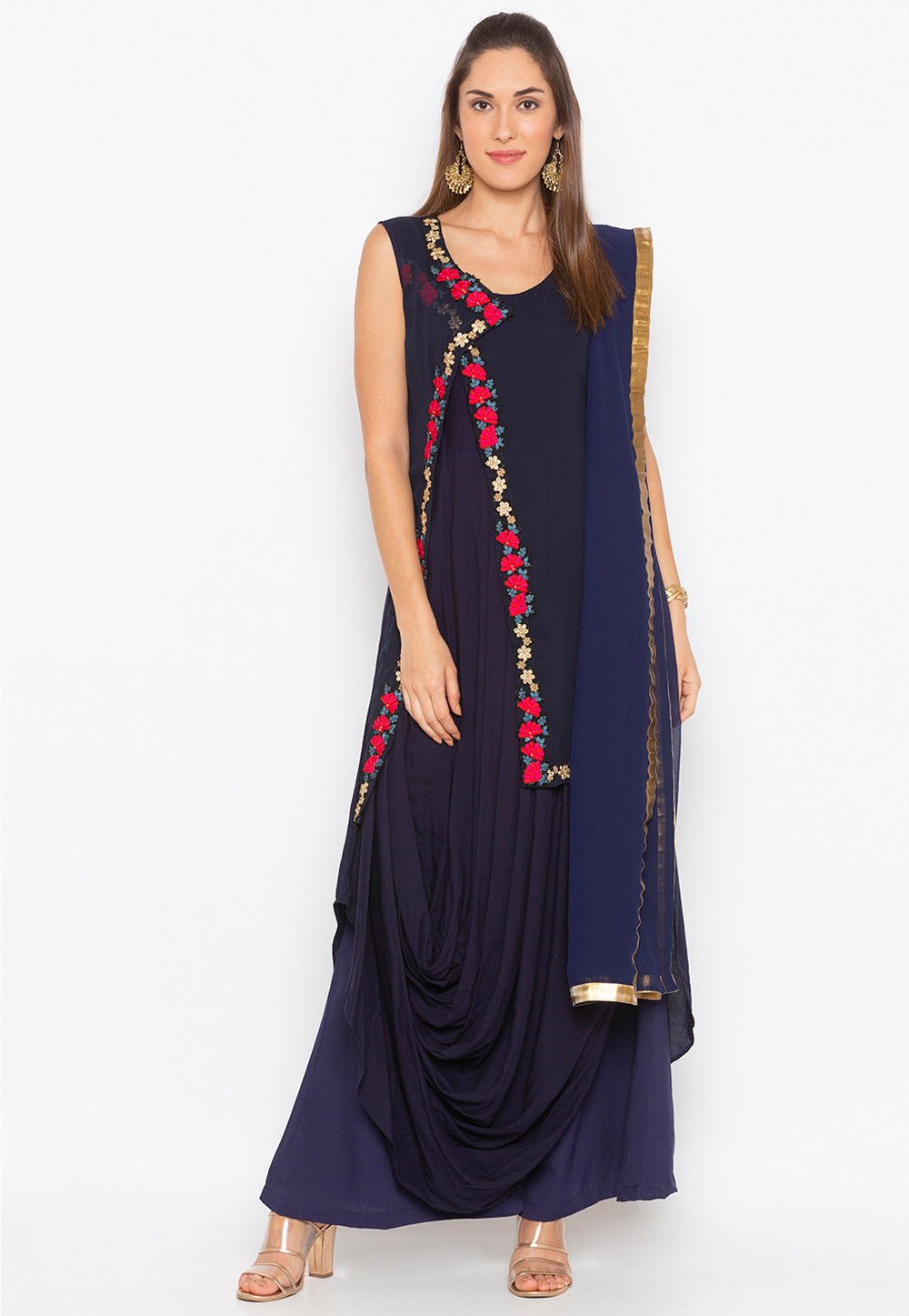 Navy Blue Cotton Readymade Palazzo Suit 215929