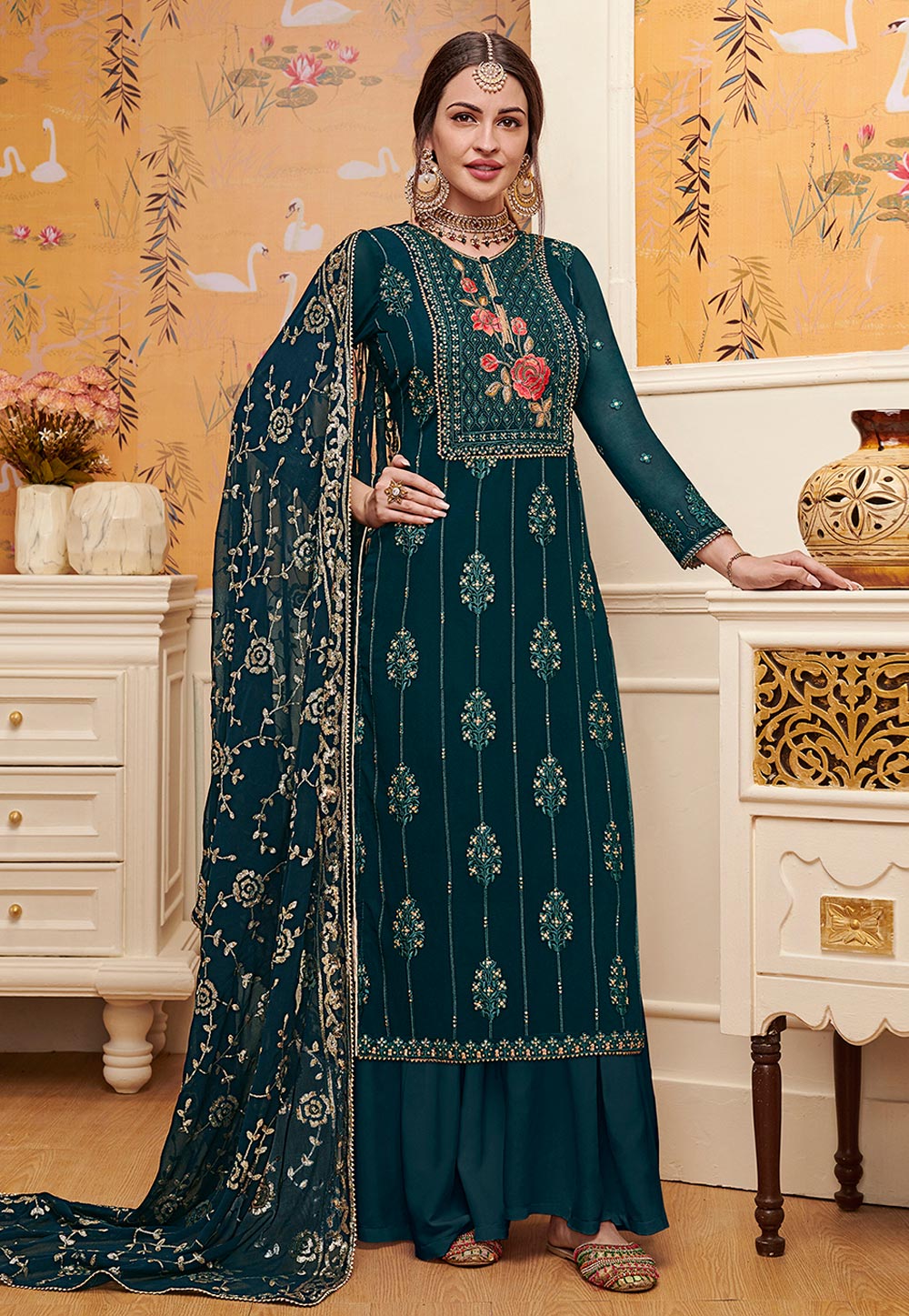 Teal Faux Georgette Embroidered Palazzo Suit 200937