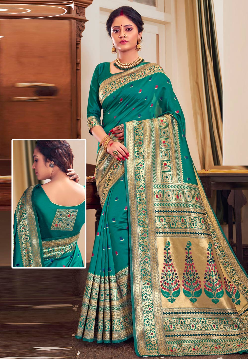 Turquoise Jacquard Silk Festival Wear Saree 215985