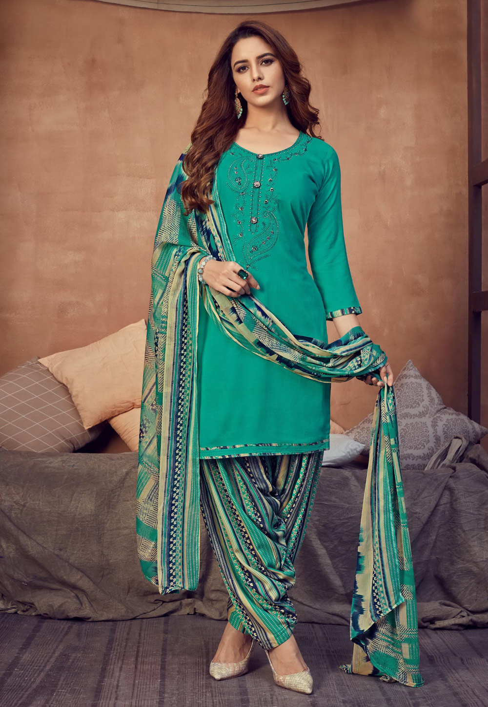Turquoise Viscose Rayon Punjabi Suit 215958