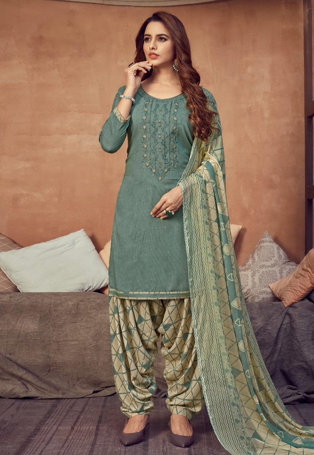 Sea Green Viscose Rayon Punjabi Suit 215960