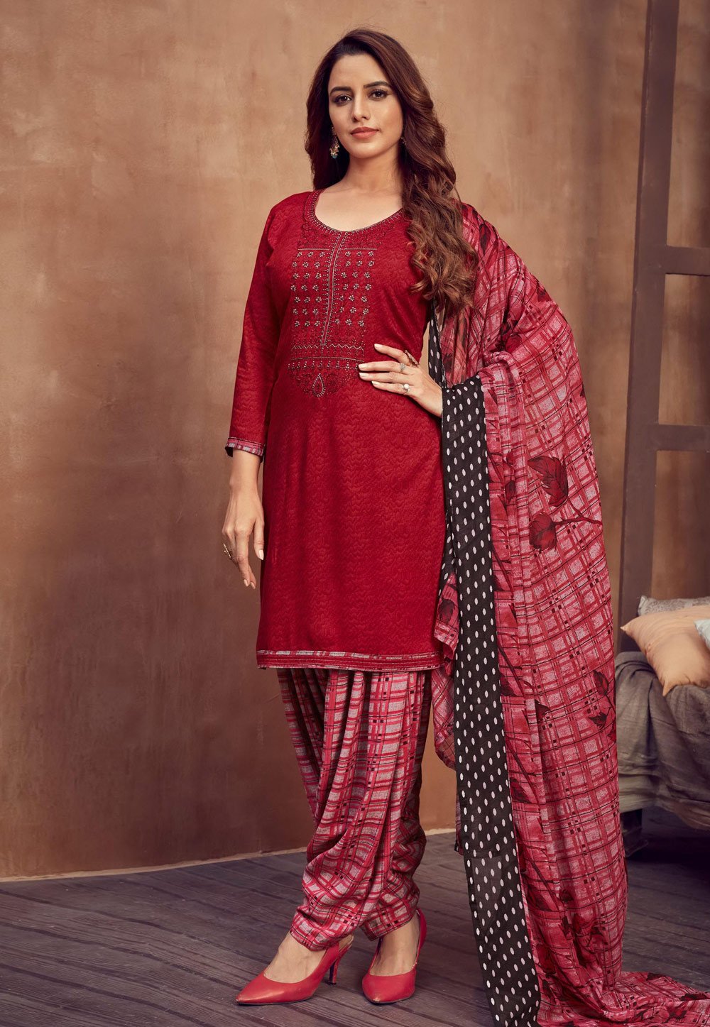 Red Viscose Rayon Patiala Suit 215963