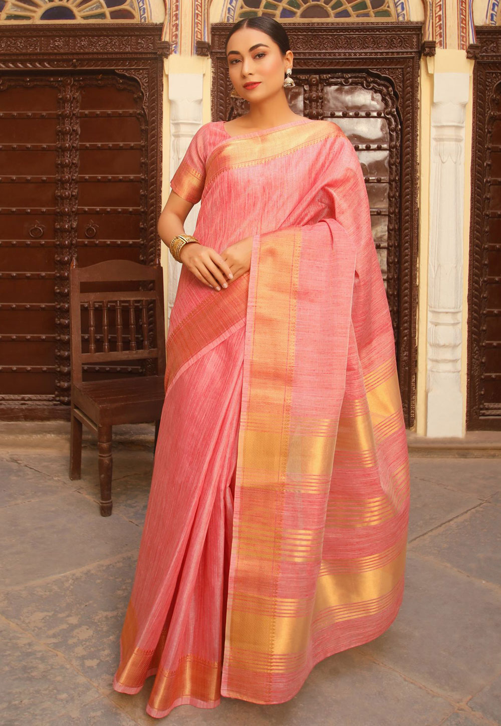 Pink Linen Saree With Blouse 248495