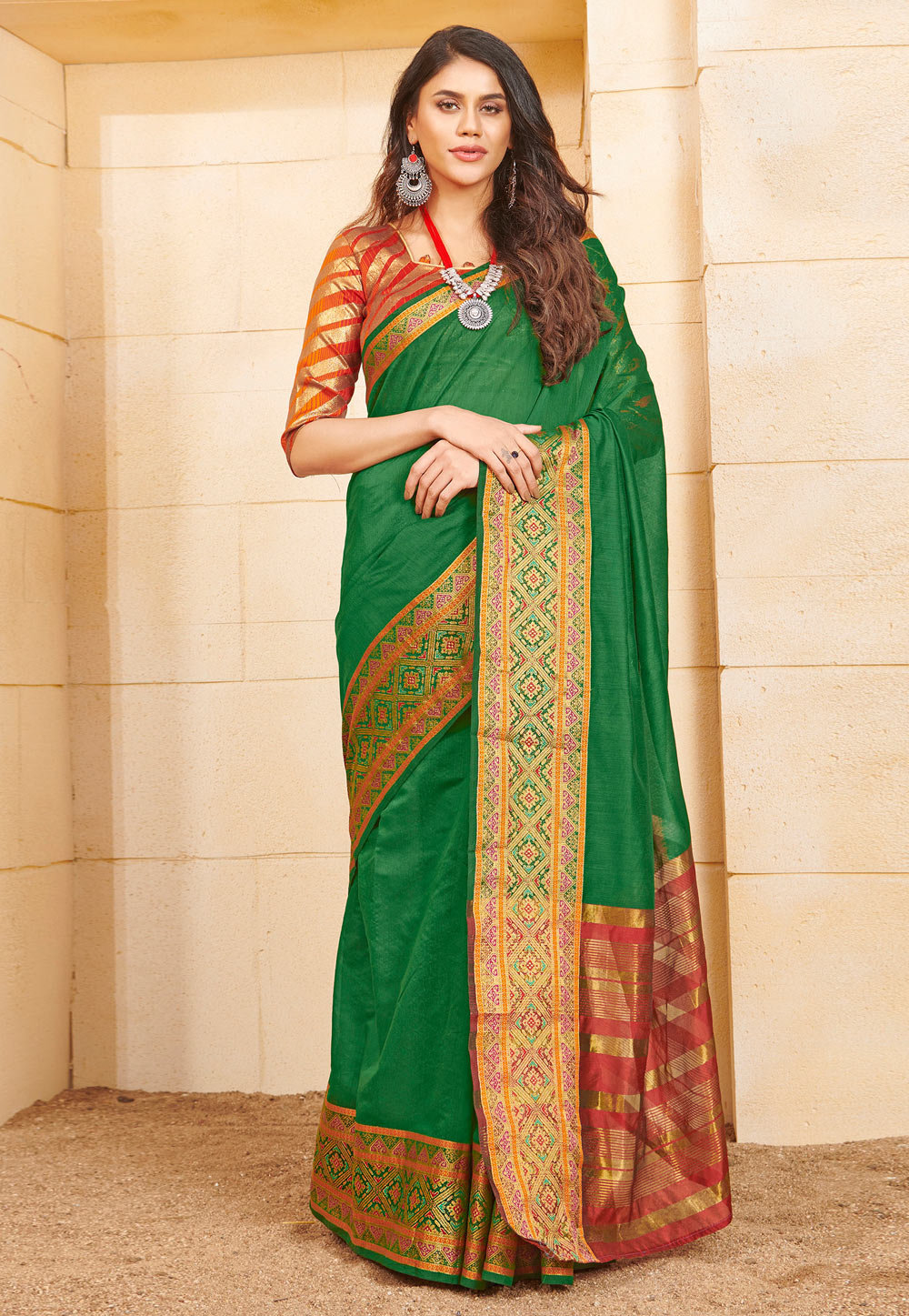 Green Cotton Saree With Blouse 216022