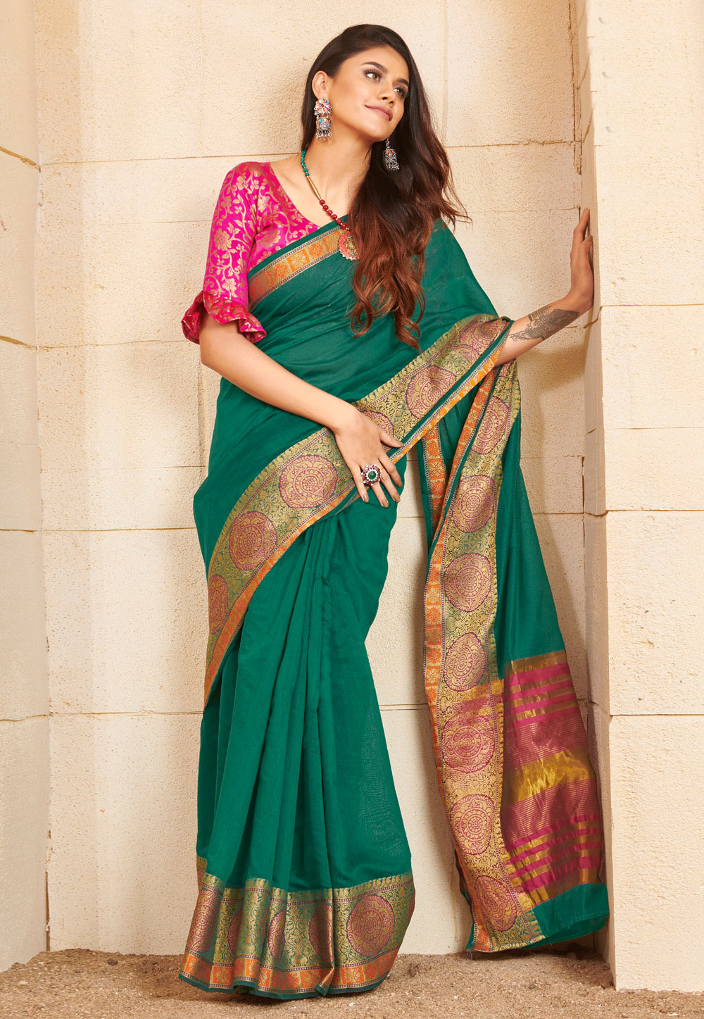 Green Cotton Saree With Blouse 216024