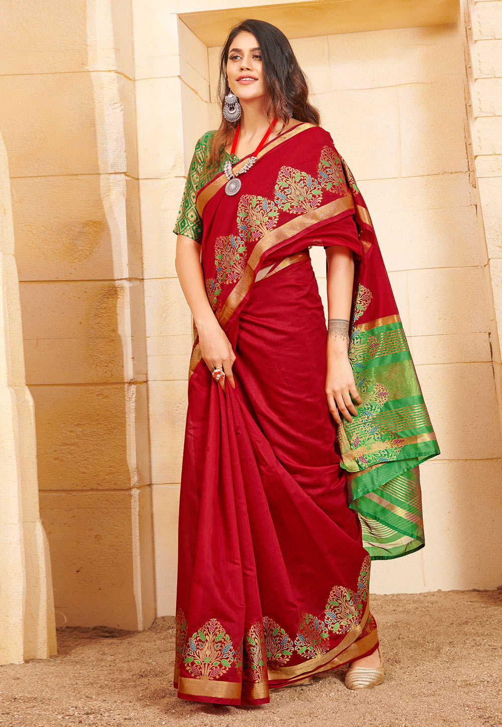 Red Cotton Saree With Blouse 216026