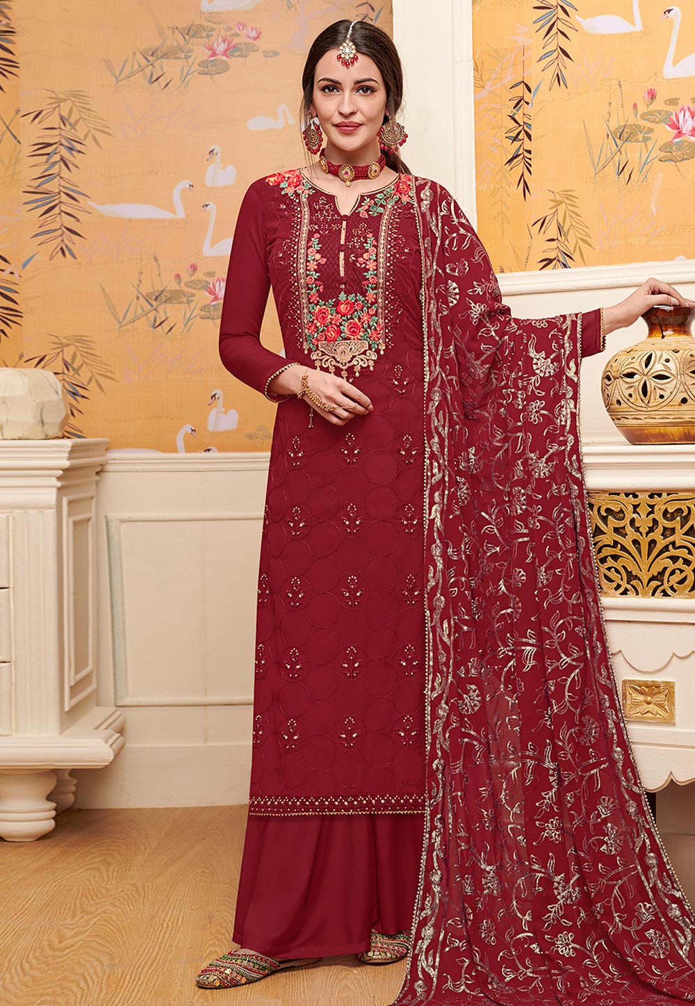 Maroon Faux Georgette Embroidered Kameez With Palazzo 200938