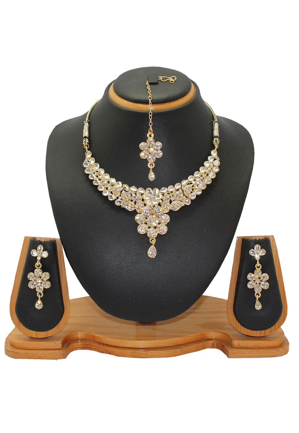 White Alloy Austrian Diamonds Necklace With Earrings and Maang Tikka 64340