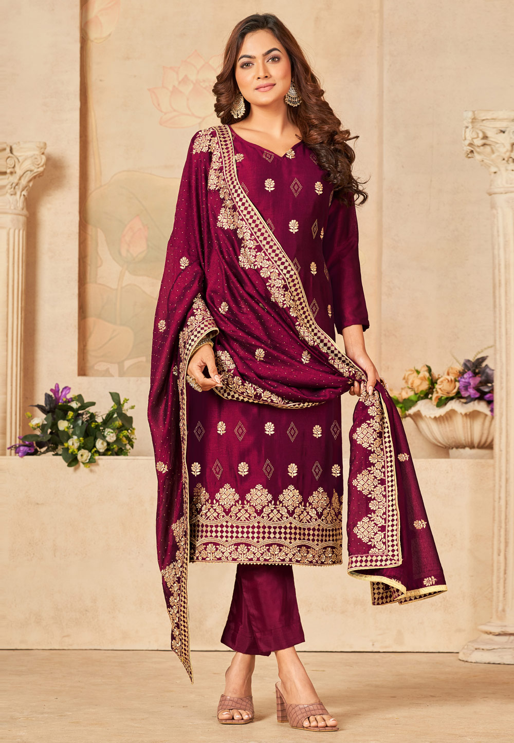 Magenta Silk Pant Style Suit 260108