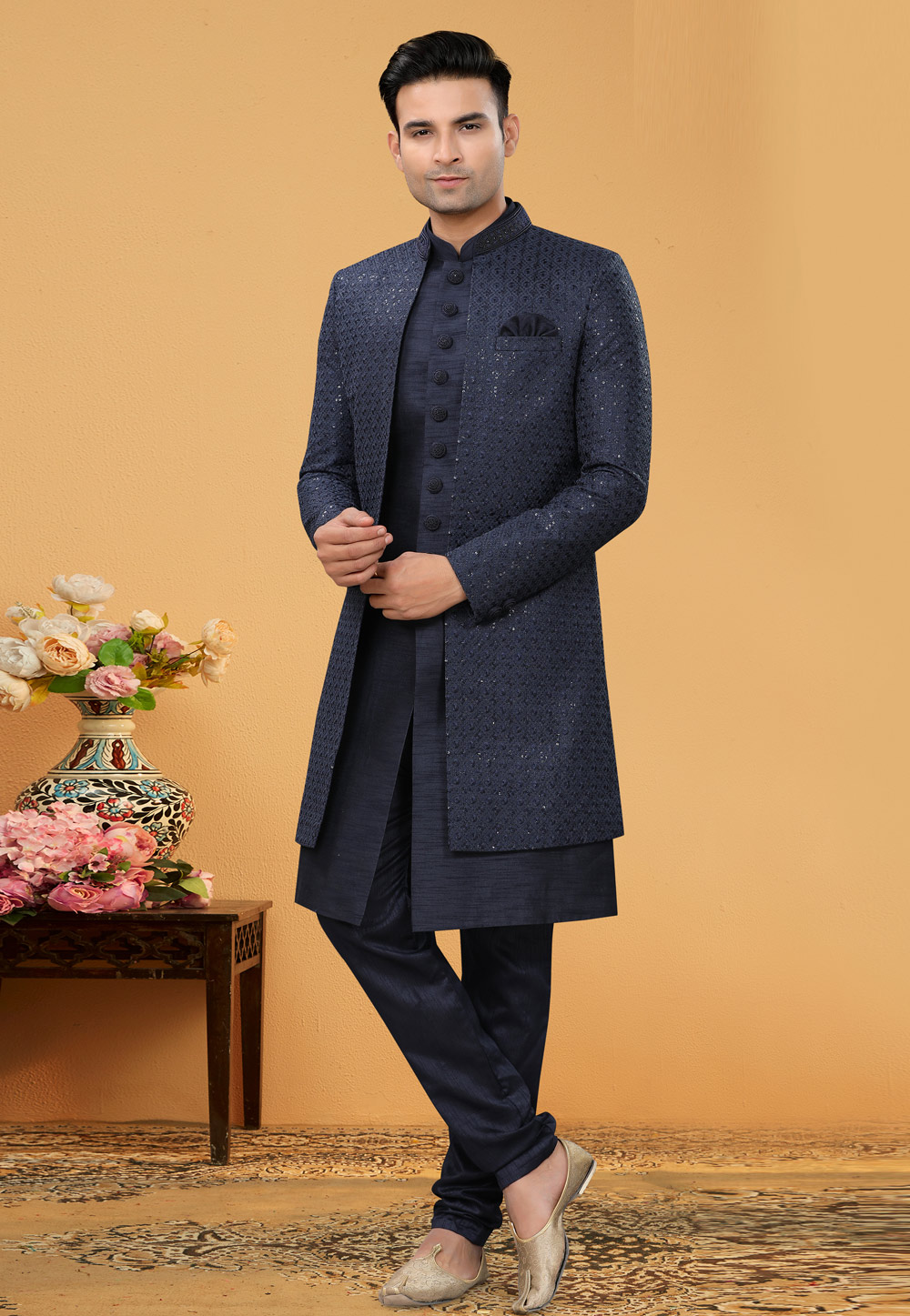 Navy Blue Art Silk Jacket Style Sherwani 261152