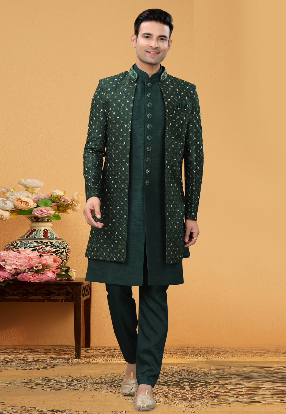 Green Art Silk Jacket Style Sherwani 261153