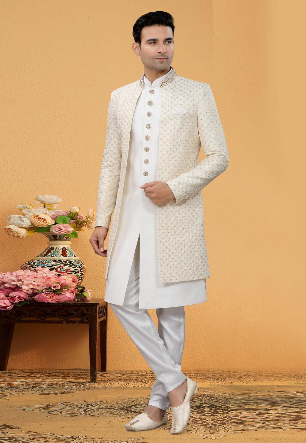 Off White Art Silk Jacket Style Sherwani 261154