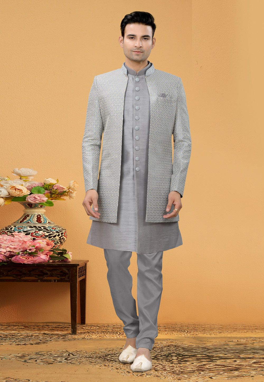 Grey Art Silk Jacket Style Sherwani 261155