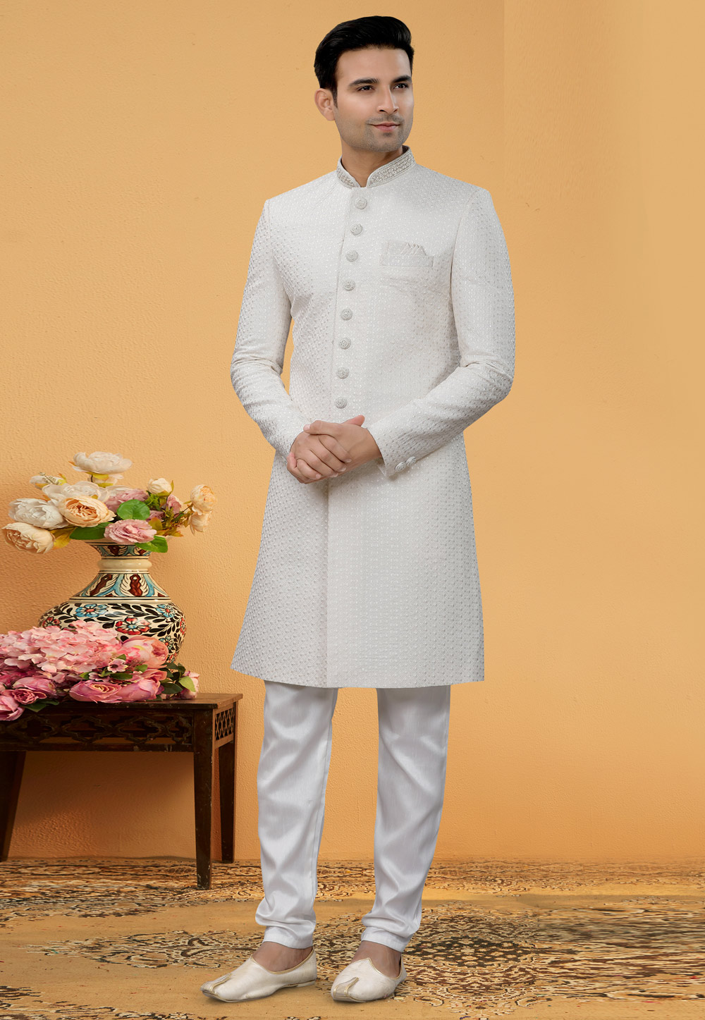 Off White Art Silk Achkan Style Sherwani 261156