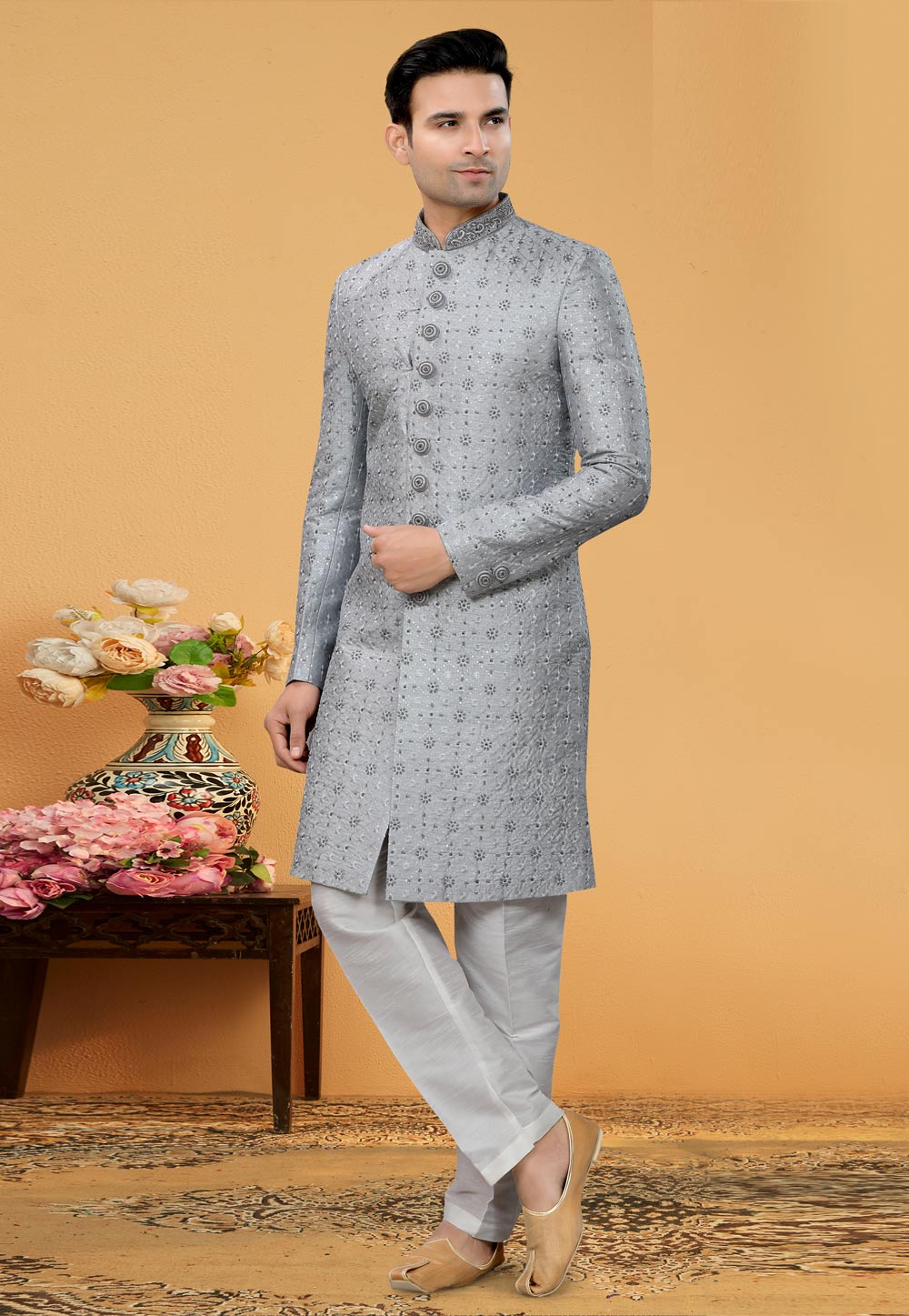 Grey Art Silk Achkan Style Sherwani 261159