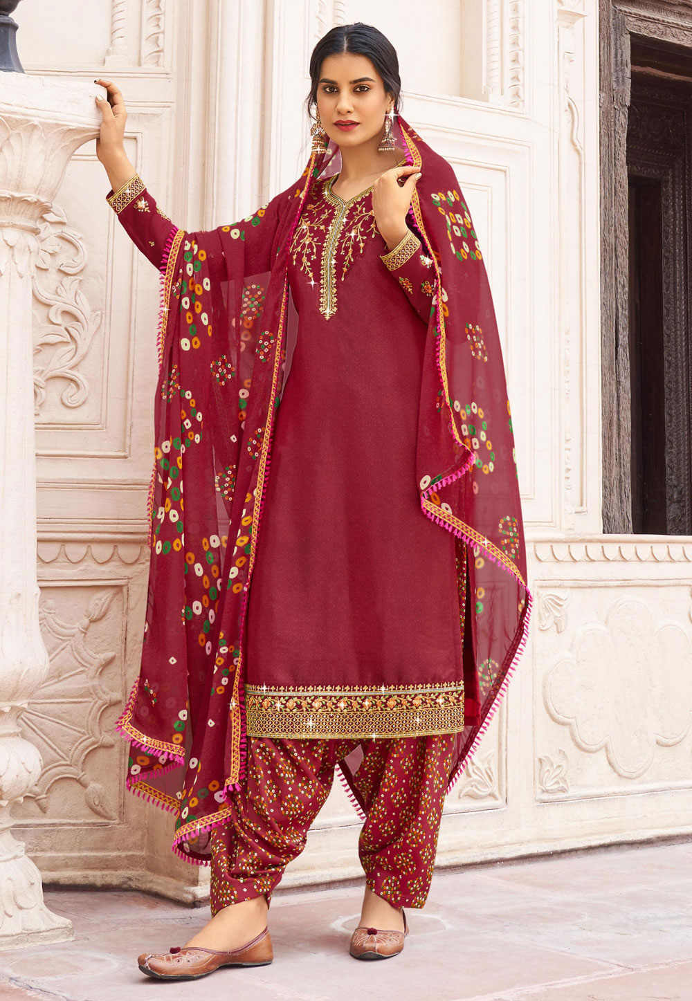 Maroon Crepe Punjabi Suit 259414