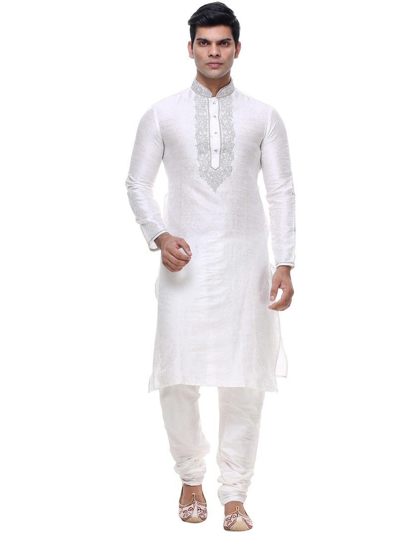 White Silk Readymade Kurta Pajama 92914