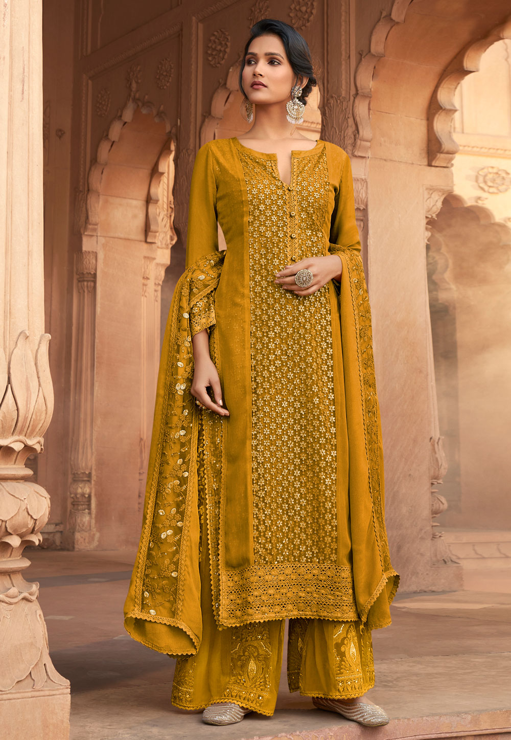 Mustard Georgette Palazzo Suit 230146